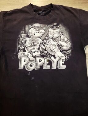 Popeye Getting Tatted Up Stained Retro Black Graphic Tee, Large